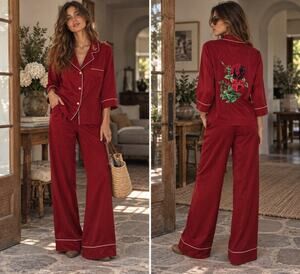 BED TO BRUNCH Embroidered Roses Satin Pajama Set – Size Small
